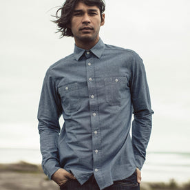 Our fit model wearing the The California in Blue Everyday Chambray