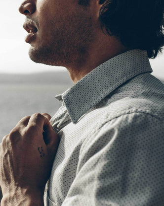Our fit model wearing The California in Navy Jacquard Dot