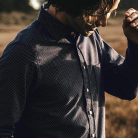 Our fit model wearing The California in White Jacquard Dot