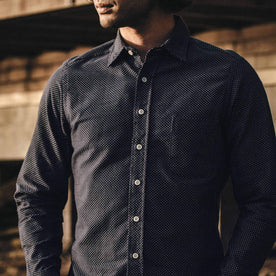 Our fit model wearing The California in White Jacquard Dot