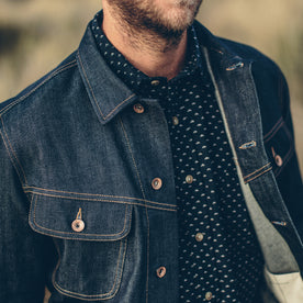 Our fit model wearing The Long Haul Jacket in Organic '68 Selvage.