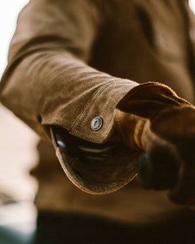 Detail shot of the long haul in suede, Outerwear by Taylor Stitch