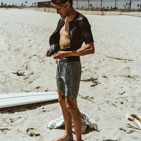 Our fit model getting ready to surf in The Bo Boardie in Sea Floral