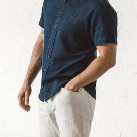 Our fit model wearing The Camp Pant in Organic Natural Selvage.