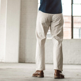 Our fit model wearing The Camp Pant in Organic Natural Selvage.