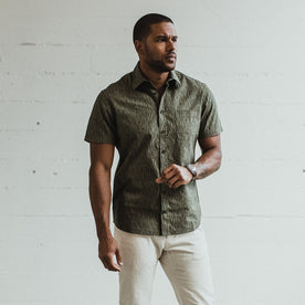 Our fit model wearing the Short Sleeve California in Rain Drop Camo in San Francisco.
