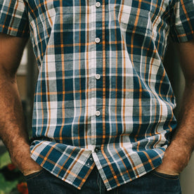 Our fit model in The Short Sleeve California in Blue Madras at a BBQ.
