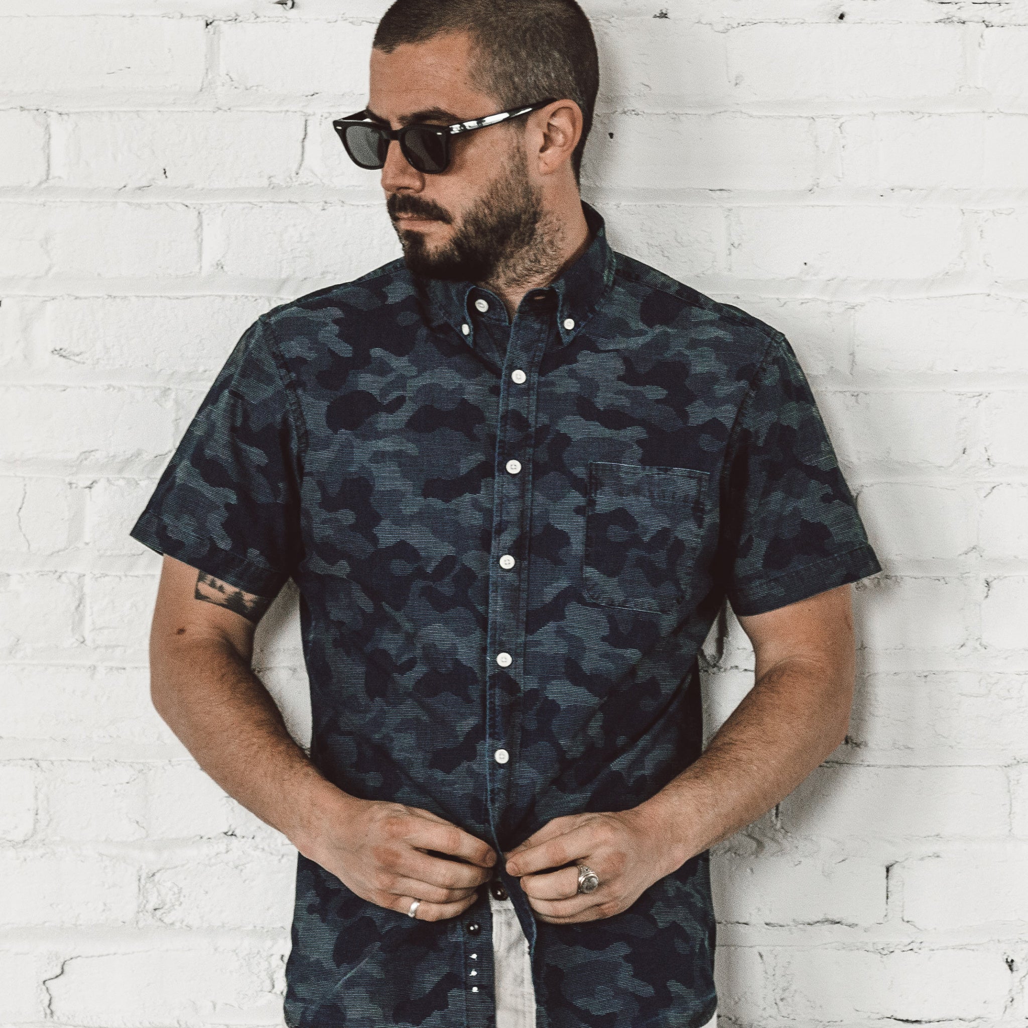 The Short Sleeve Jack in Indigo Jacquard Camo: Alternate Image 1, Wovens by Taylor Stitch
