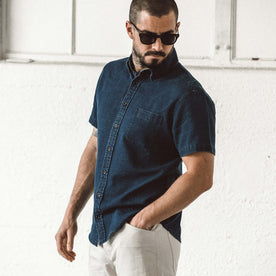 Our fit model wearing The Short Sleeve Jack in Mini Indigo Waffle.