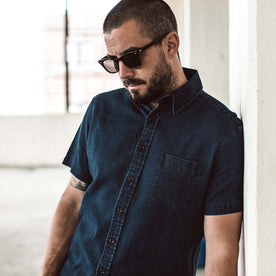 Our fit model wearing The Short Sleeve Jack in Mini Indigo Waffle.