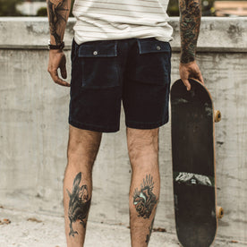 Our fit model wearing The Trail Short in Navy Cord.