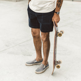 Our fit model wearing The Trail Short in Navy Cord.
