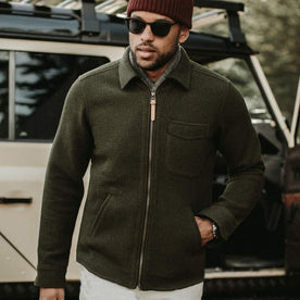 our fit model wearing the The Coit Jacket in Olive Waffle