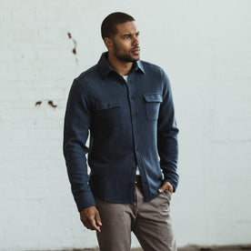 Our fit model wearing The Leeward Shirt in Dusk