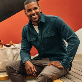 Our fit model wearing The Leeward Shirt in Dusk