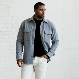 our fit model wearing The Maritime Shirt Jacket in Heather Ash Wave