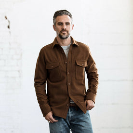 our fit model wearing The Maritime Shirt Jacket in Rust