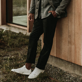 Our fit model in the Slim Chino in Organic Coal in San Francisco.