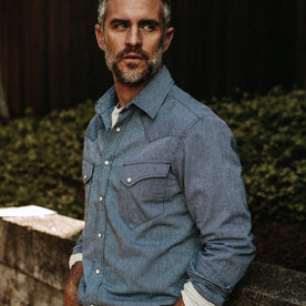 Our fit model wearing The Western Shirt in Indigo Stripe.