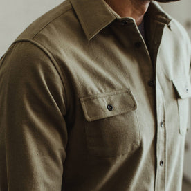 Our fit model wearing The Yosemite Shirt in Dusty Army by Taylor Stitch.