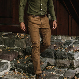 our fit model wearing The Camp Pant in British Khaki Moleskin