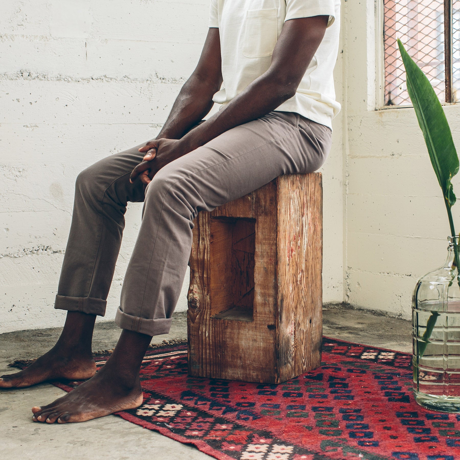 Dave in our favorite SF warehouse , Pants by Taylor Stitch