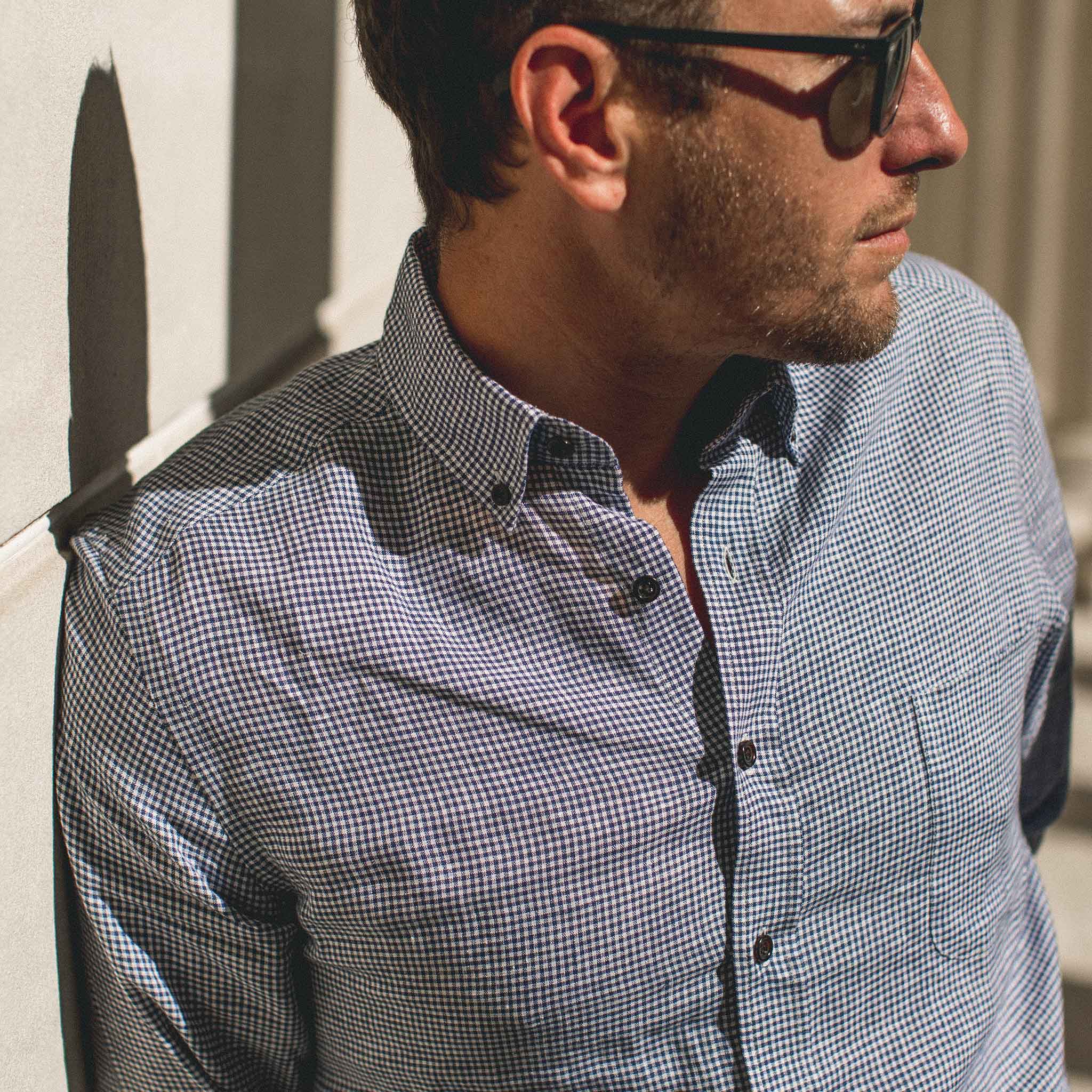 Jason in warm weather wearing our linen button down, Wovens by Taylor Stitch