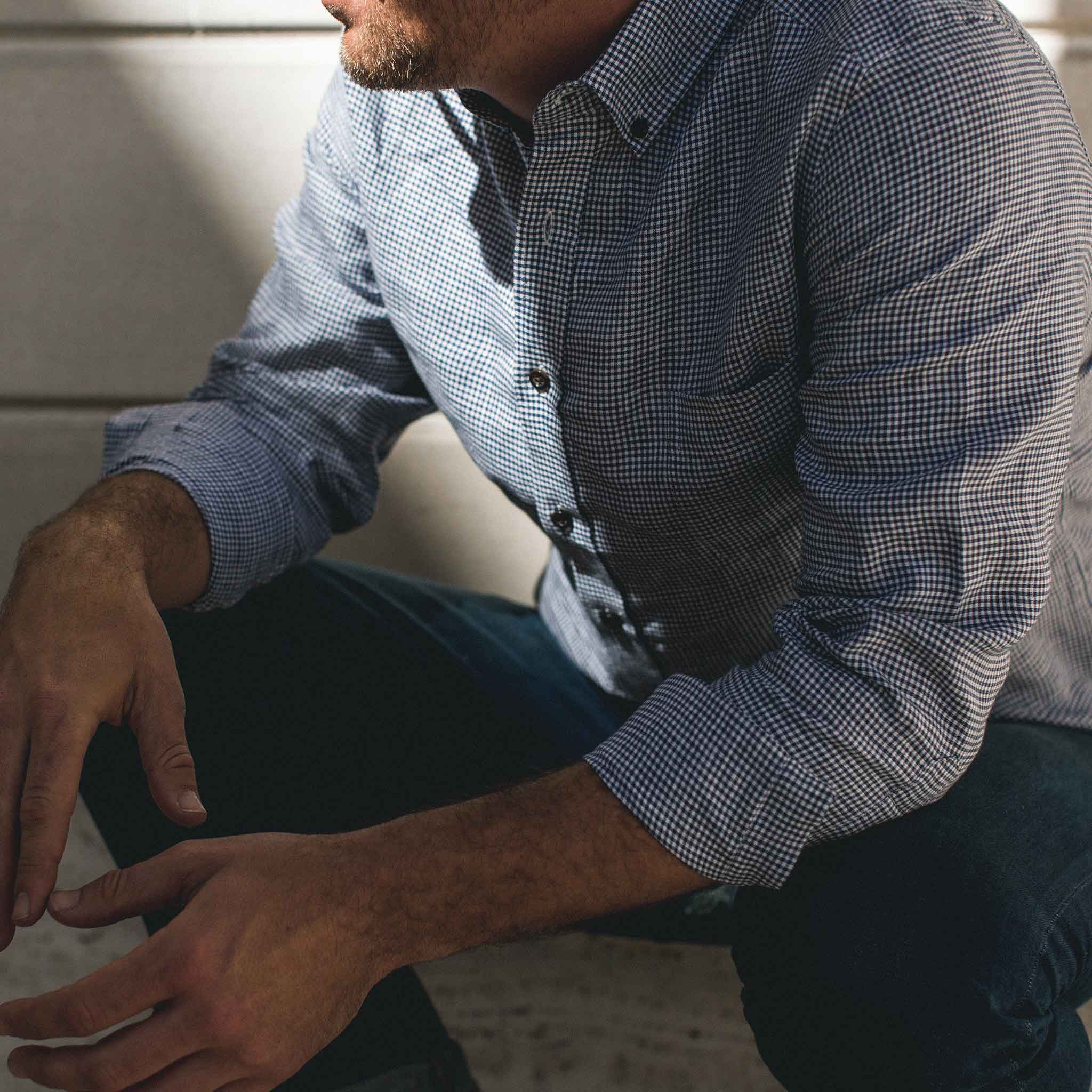 Jason in our classic button down shirt in linen, Wovens by Taylor Stitch