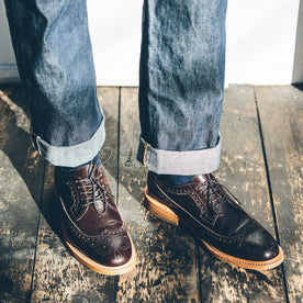 The fit model dressing down the brogue shoe