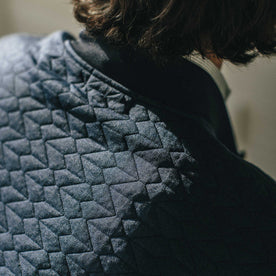 Our fit model wearing The Inverness Bomber in Navy Knit Quilt.