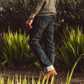 Our fit model wearing The Democratic Jean in Organic Stretch Selvage.