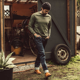 Our fit model wearing The Democratic Jean in Organic Stretch Selvage.