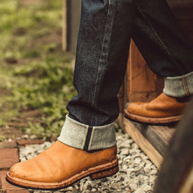 Our fit model wearing The Democratic Jean in Organic Stretch Selvage.
