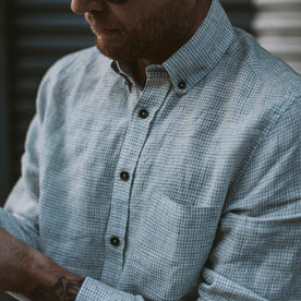  Our fit model wearing The Jack in Ash Gingham from Taylor Stitch.