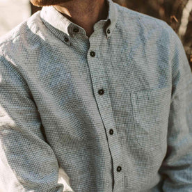Our fit model wearing The Jack in Ash Gingham from Taylor Stitch.
