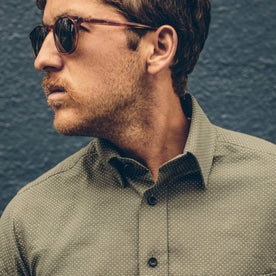 A close up of our fit model in the Olive Dot California