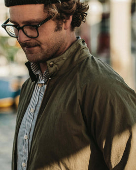 Stanley contemplating life in the Montara Jacket, Outerwear by Taylor Stitch