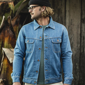 Our fit model wearing The Long Haul Jacket in '68 24 Month Wash.