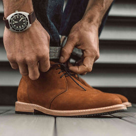 our fit model wearing The Chukka in Tumbled Sedona