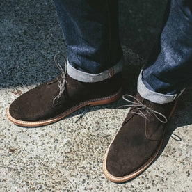 The fit model wearing the chukka in the city