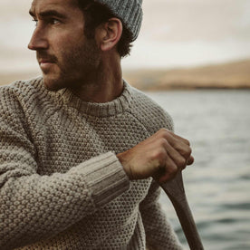 Our fit model out on the water with the Fisherman Sweater.