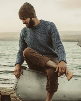 David about to go out on his canoe in our fisherman sweater , Knits by Taylor Stitch