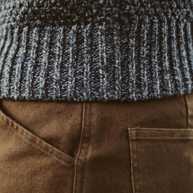 A detail shot of our fit model in the fisherman sweater