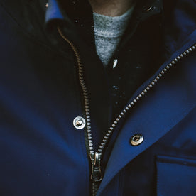 Close up of the fit model in his Hawkins jacket