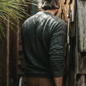 Our fit model in the Lodge Sweater in his backyard