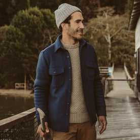 Our fit model wearing the Maritime Shirt jacket on the dock