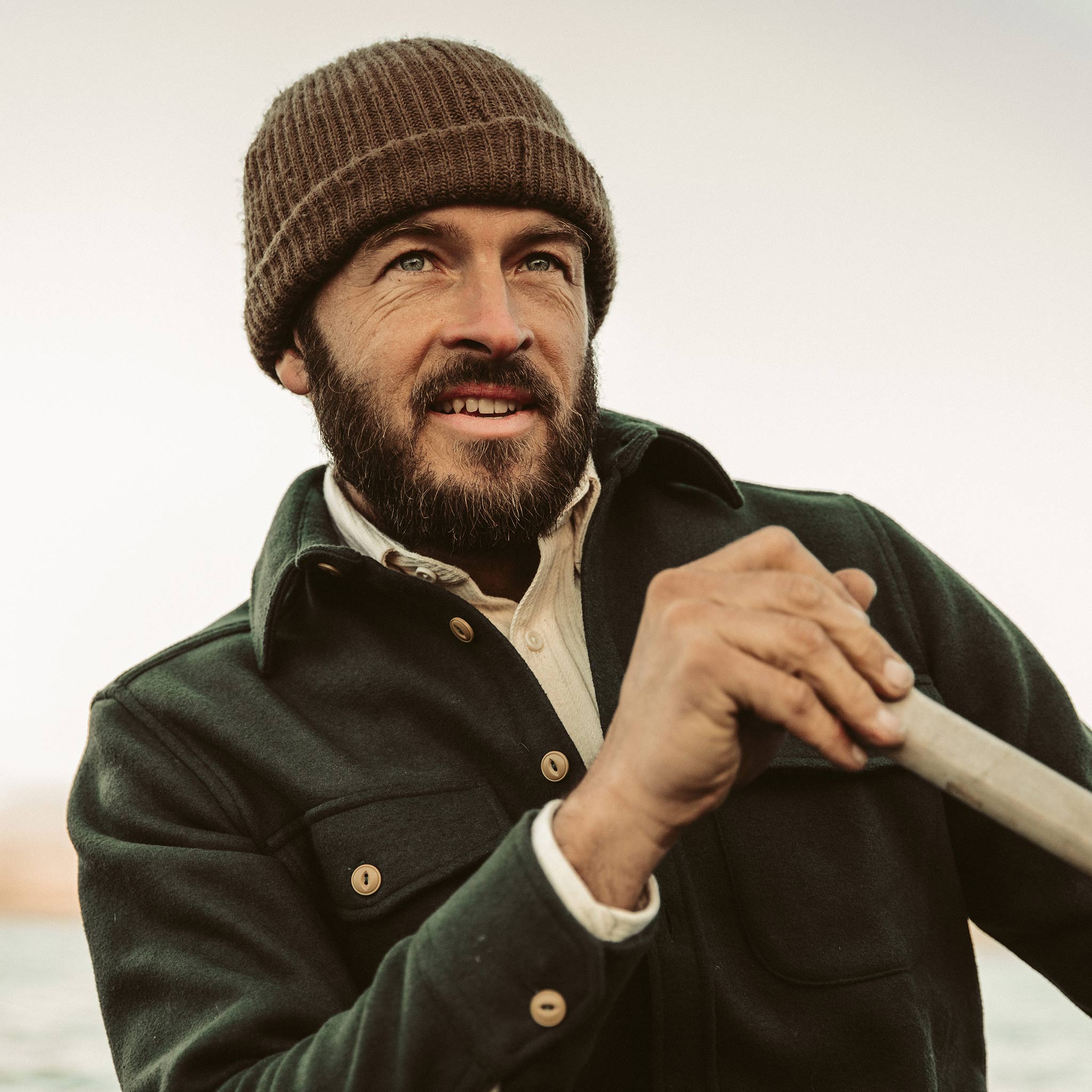 Temple in a boat wearing out Maritime Shirt Jacket, Outerwear by Taylor Stitch