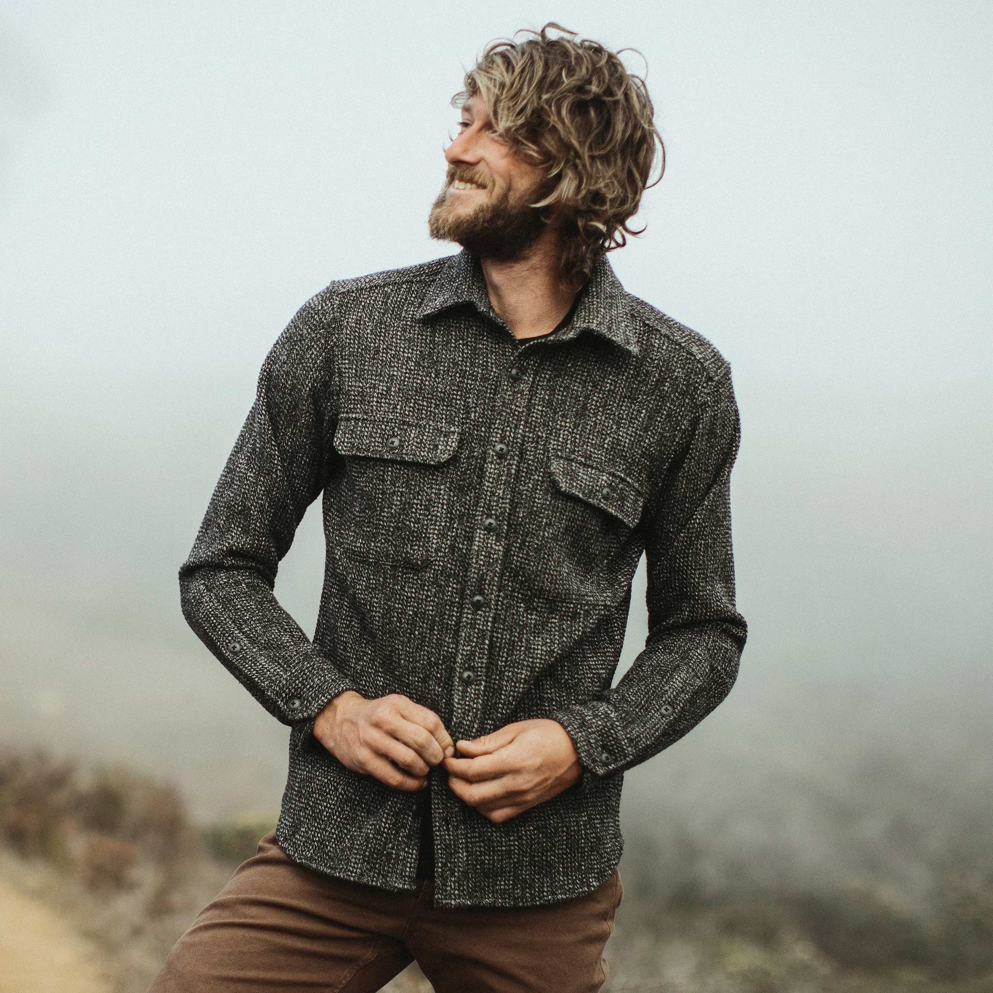 Our friend hiking in the Summit shirt, Wovens by Taylor Stitch