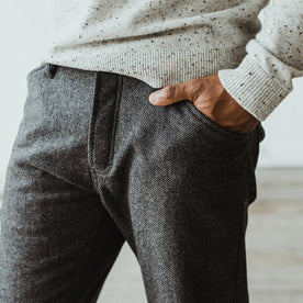 Our fit model wearing the Camp Pant in Charcoal Wool in Sea Ranch.