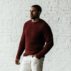 Our fit model wearing The Fisherman Sweater in Maroon Waffle